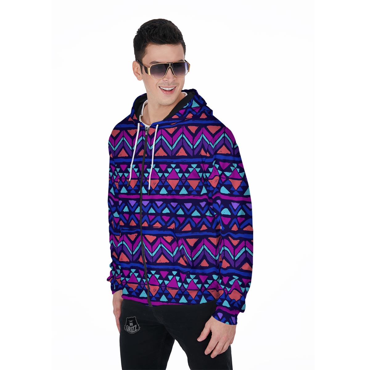 Blue Neon Color Indian Aztec Men's Zip Up Hoodie-grizzshop