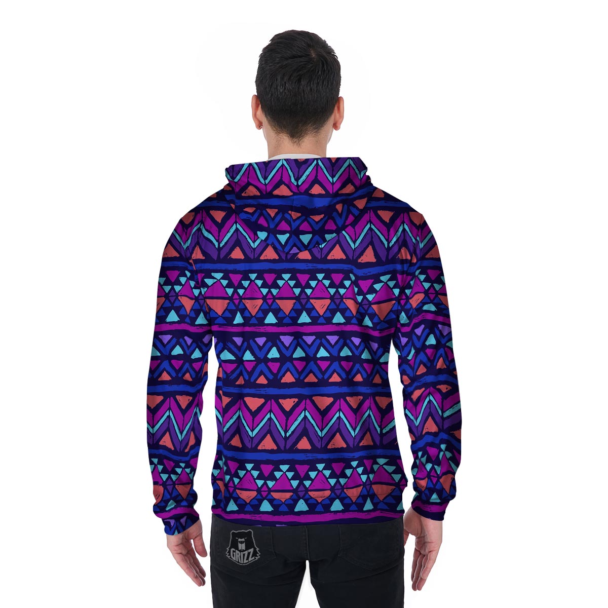 Blue Neon Color Indian Aztec Men's Zip Up Hoodie-grizzshop