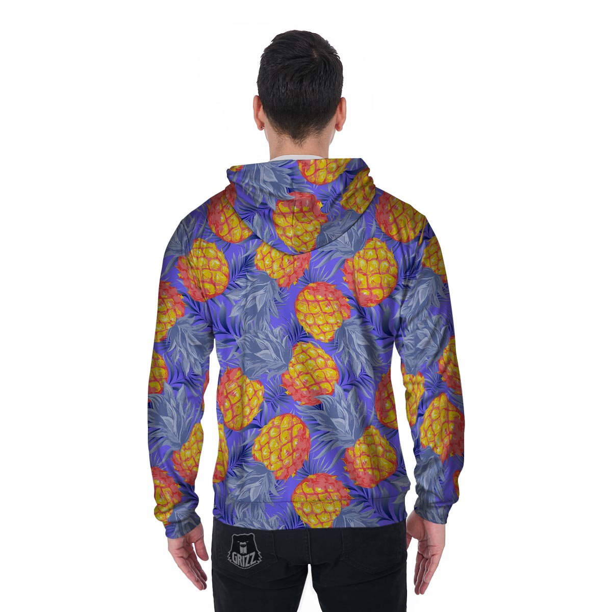 Blue Neon Pineapple Hawaiian Print Men's Zip Up Hoodie-grizzshop