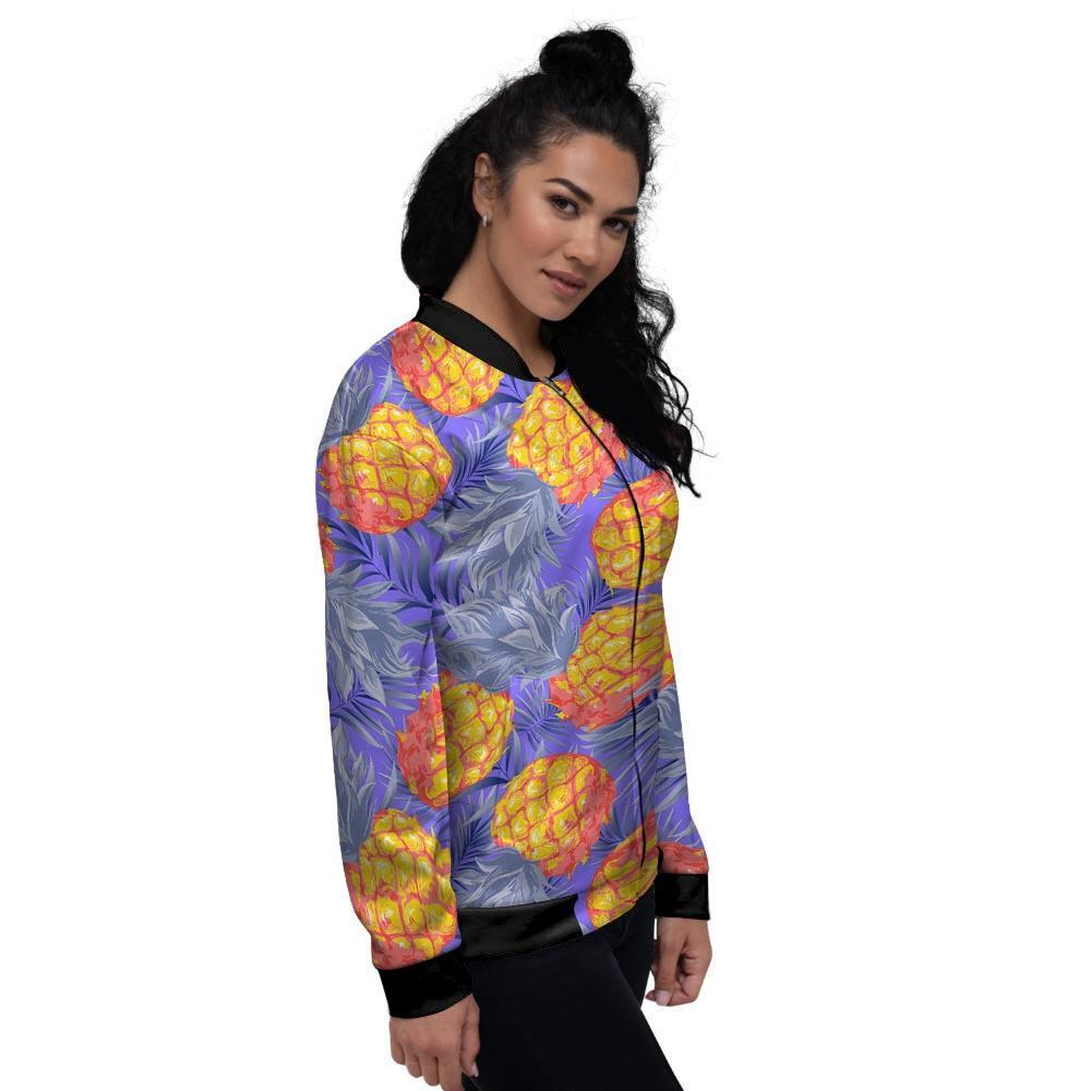 Blue Neon Pineapple Hawaiian Print Women's Bomber Jacket-grizzshop