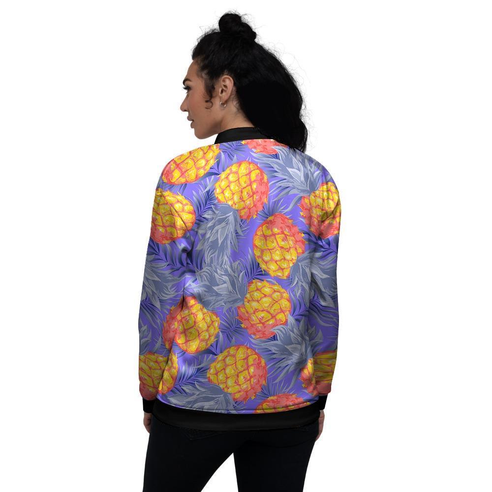 Blue Neon Pineapple Hawaiian Print Women's Bomber Jacket-grizzshop