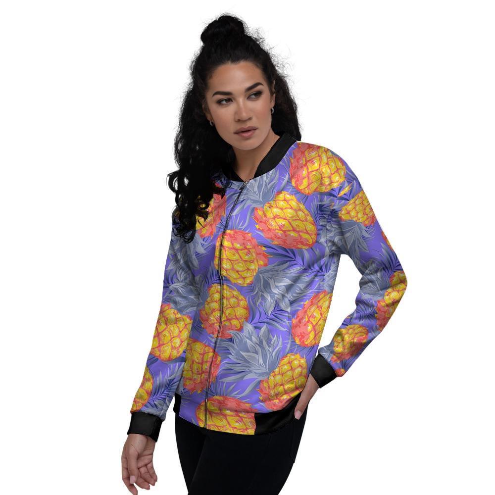 Blue Neon Pineapple Hawaiian Print Women's Bomber Jacket-grizzshop