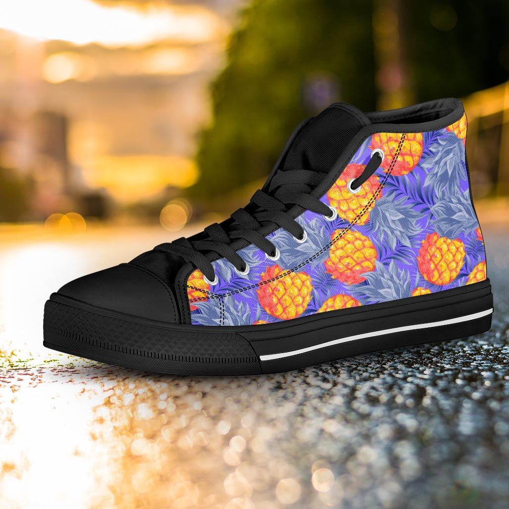 Blue Neon Pineapple Hawaiian Print Women's High Top Shoes-grizzshop