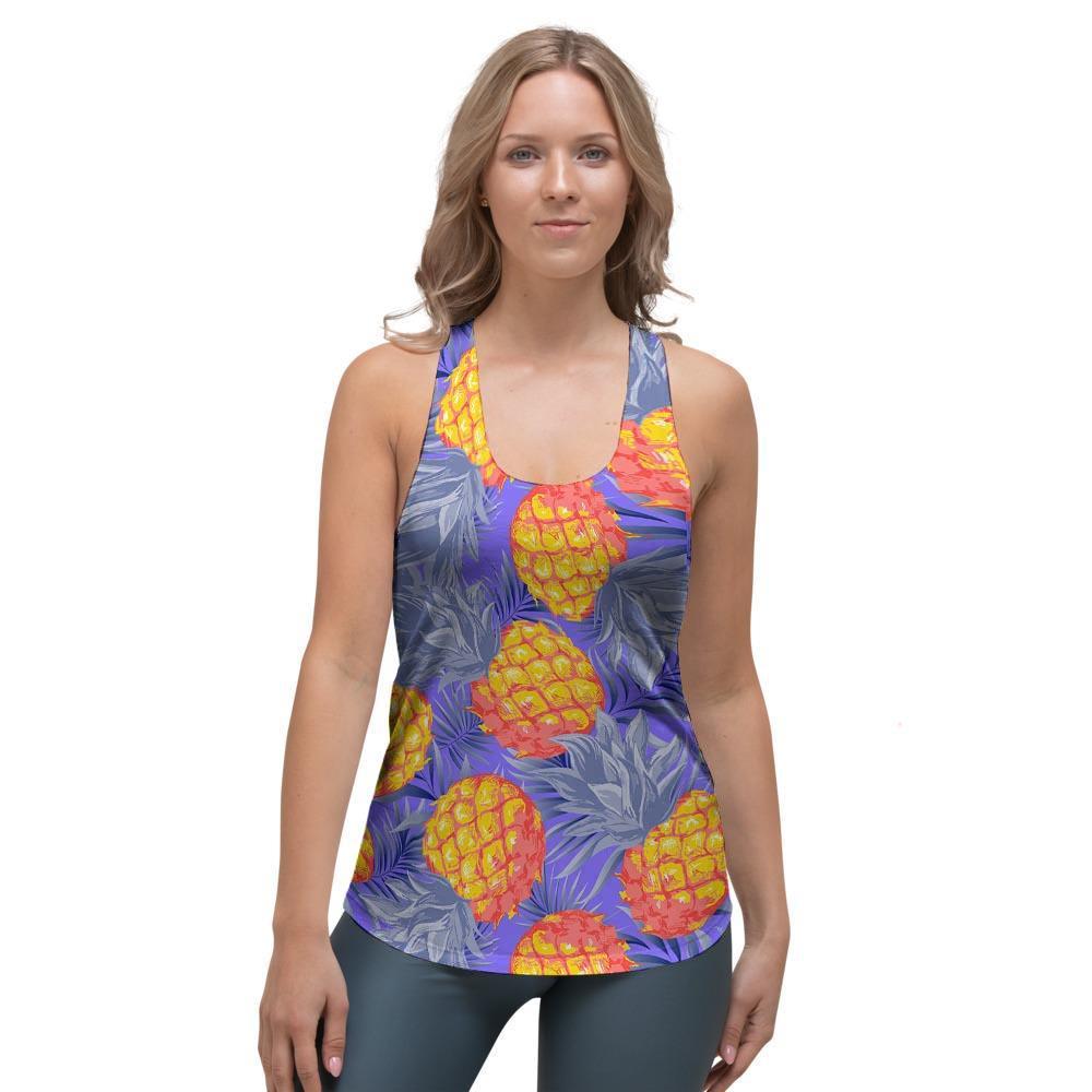 Blue Neon Pineapple Hawaiian Print Women's Racerback Tank Top-grizzshop