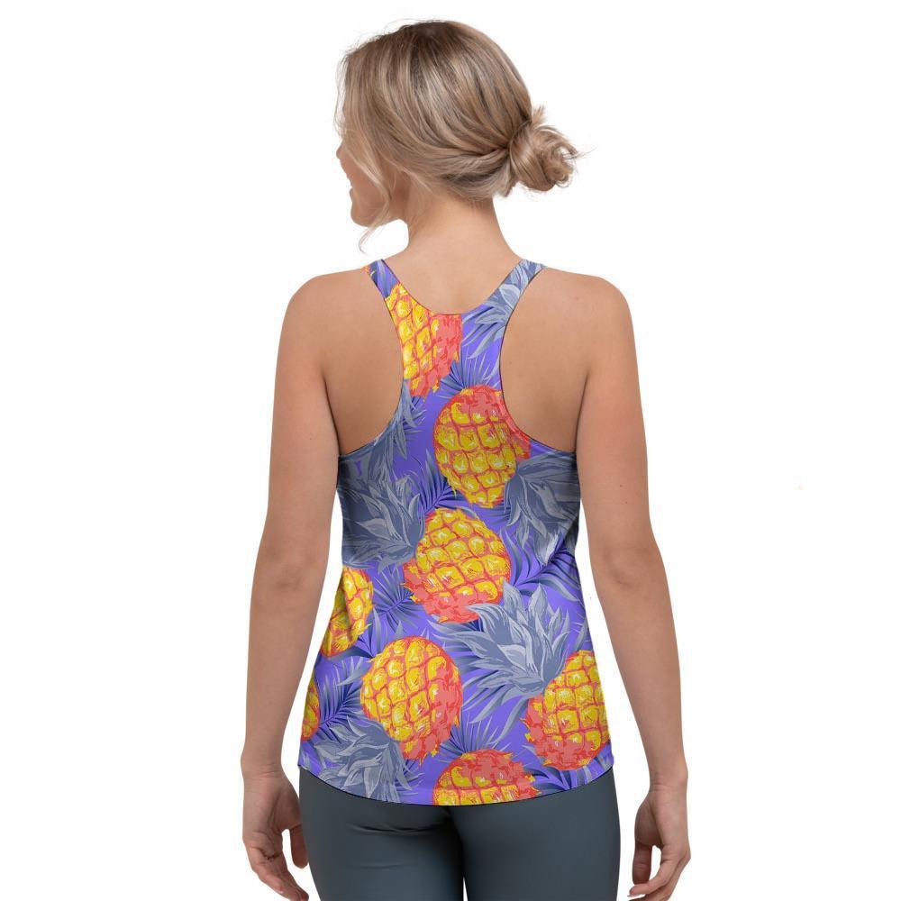 Blue Neon Pineapple Hawaiian Print Women's Racerback Tank Top-grizzshop