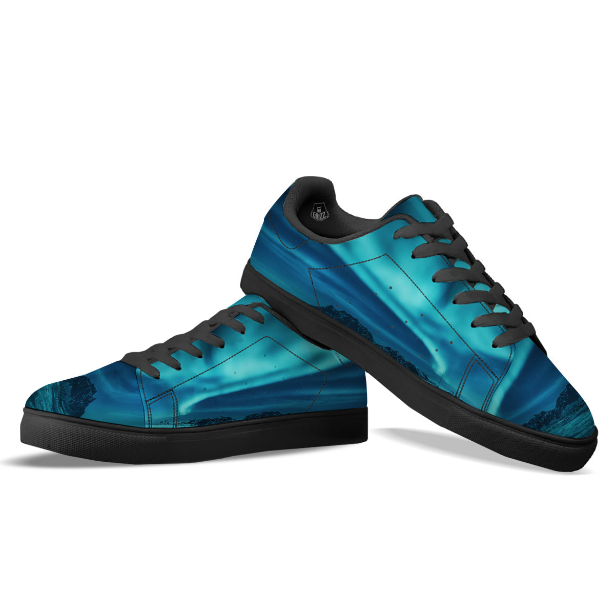 Blue Northern Lights And Mountain Print Black Low Top Sneakers-grizzshop