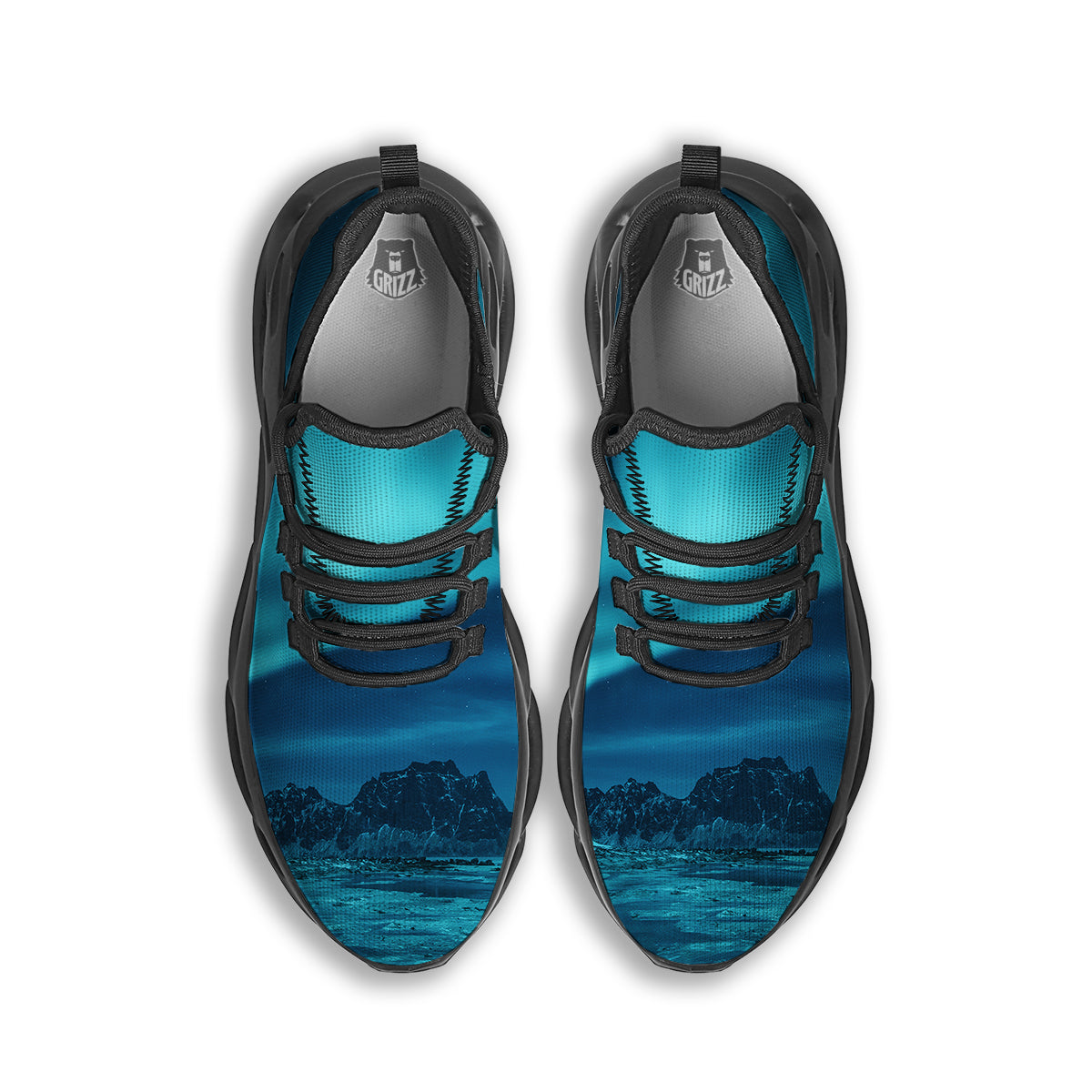 Blue Northern Lights And Mountain Print Black Running Shoes-grizzshop
