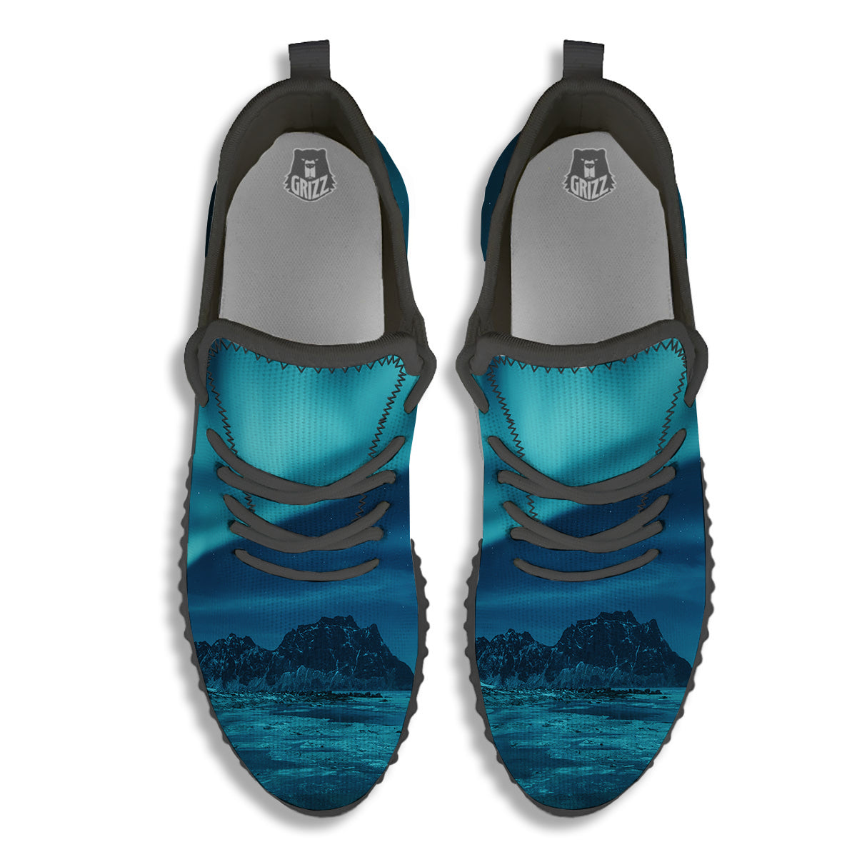 Blue Northern Lights And Mountain Print Black Walking Shoes-grizzshop