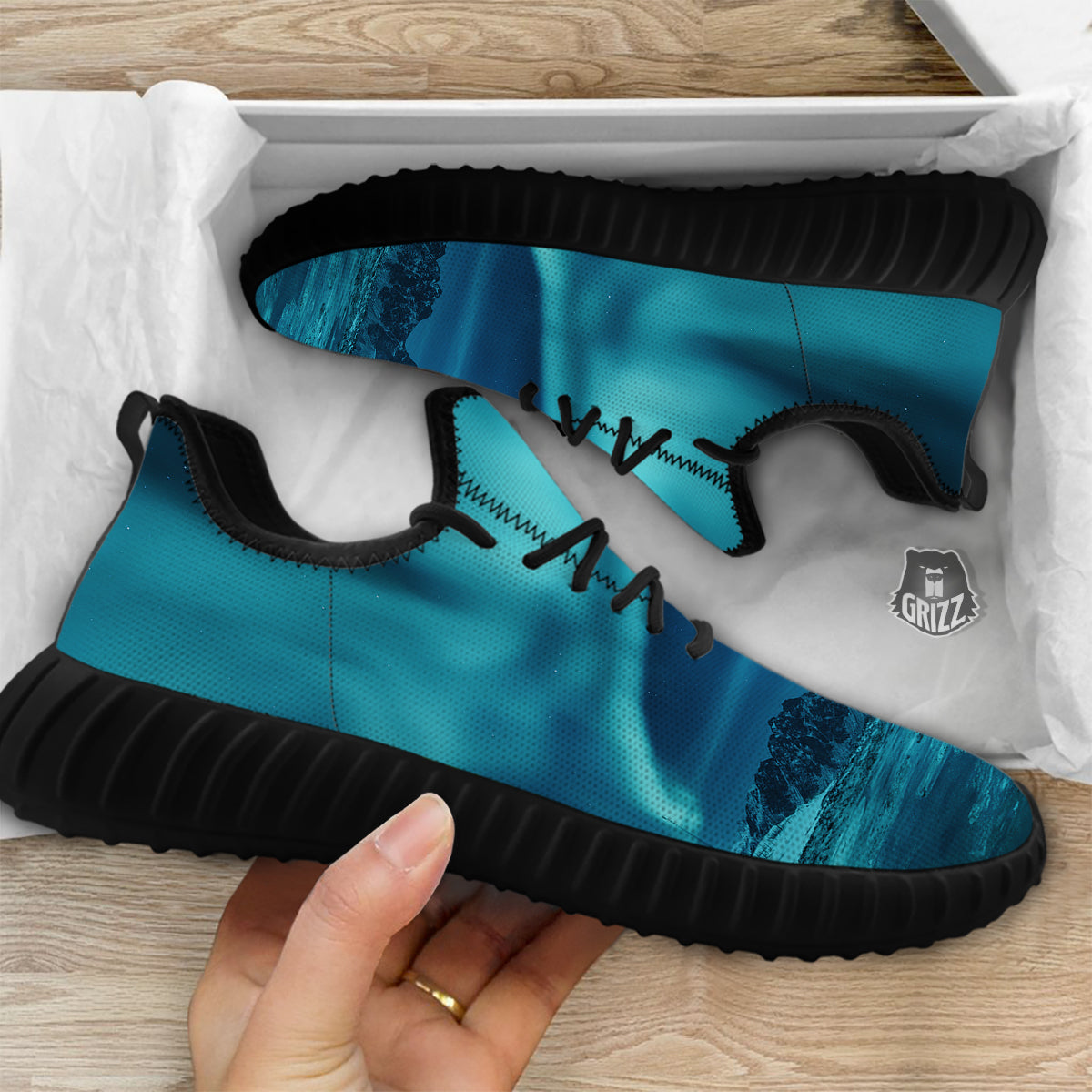 Blue Northern Lights And Mountain Print Black Walking Shoes-grizzshop