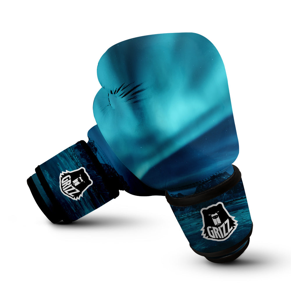 Blue Northern Lights And Mountain Print Boxing Gloves-grizzshop