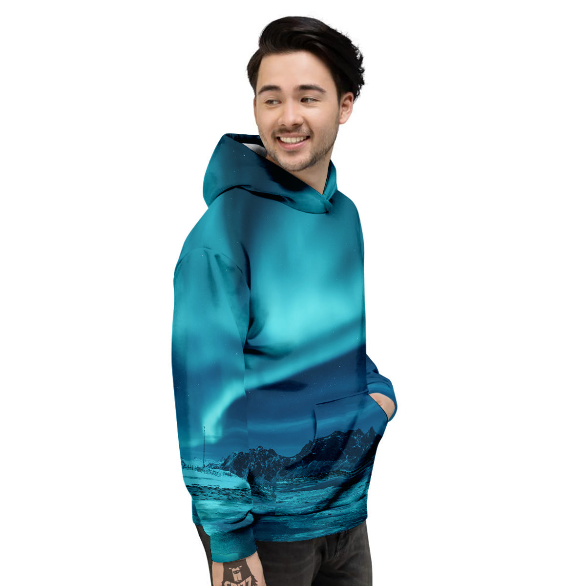 Blue Northern Lights And Mountain Print Men's Hoodie-grizzshop