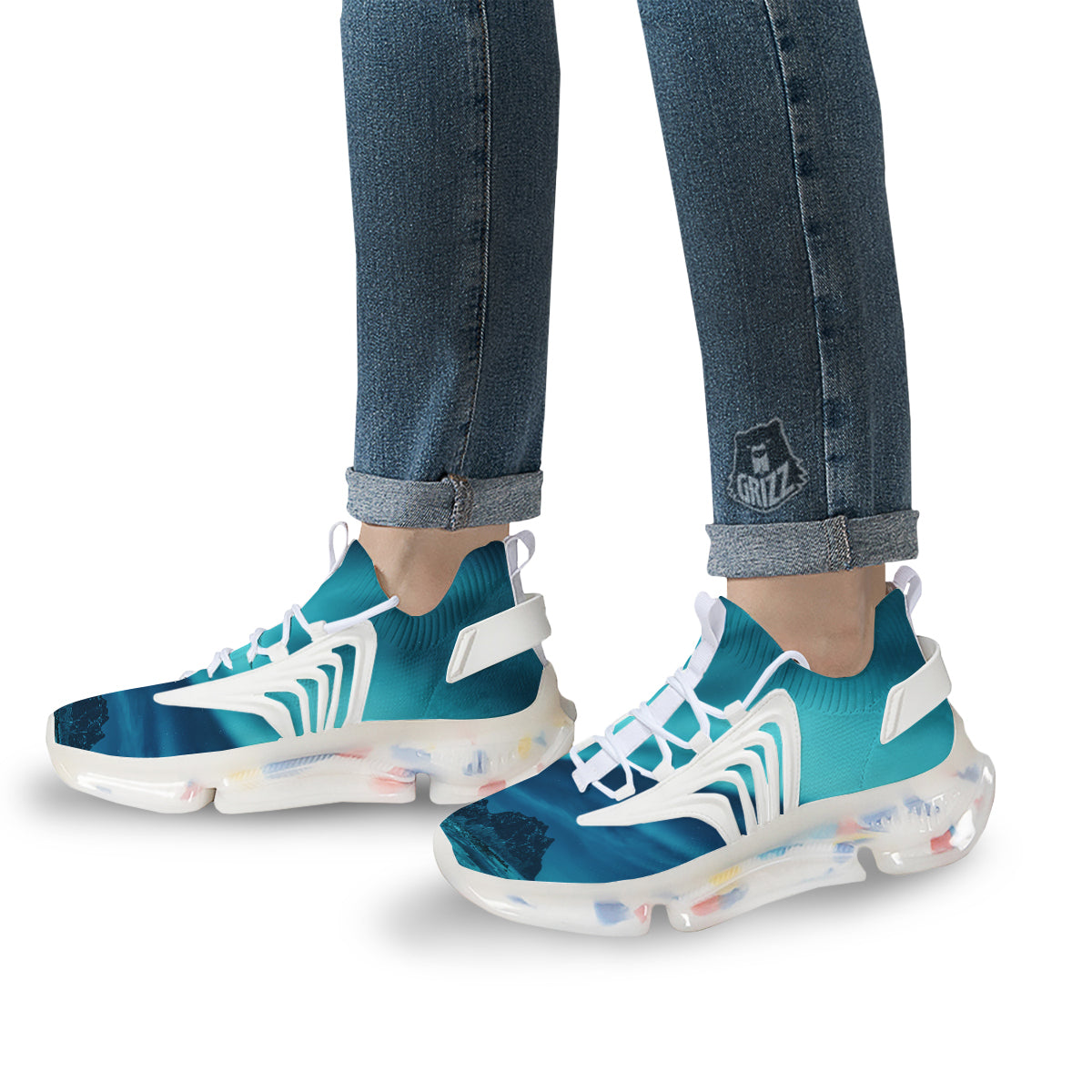 Blue Northern Lights And Mountain Print White Gym Shoes-grizzshop