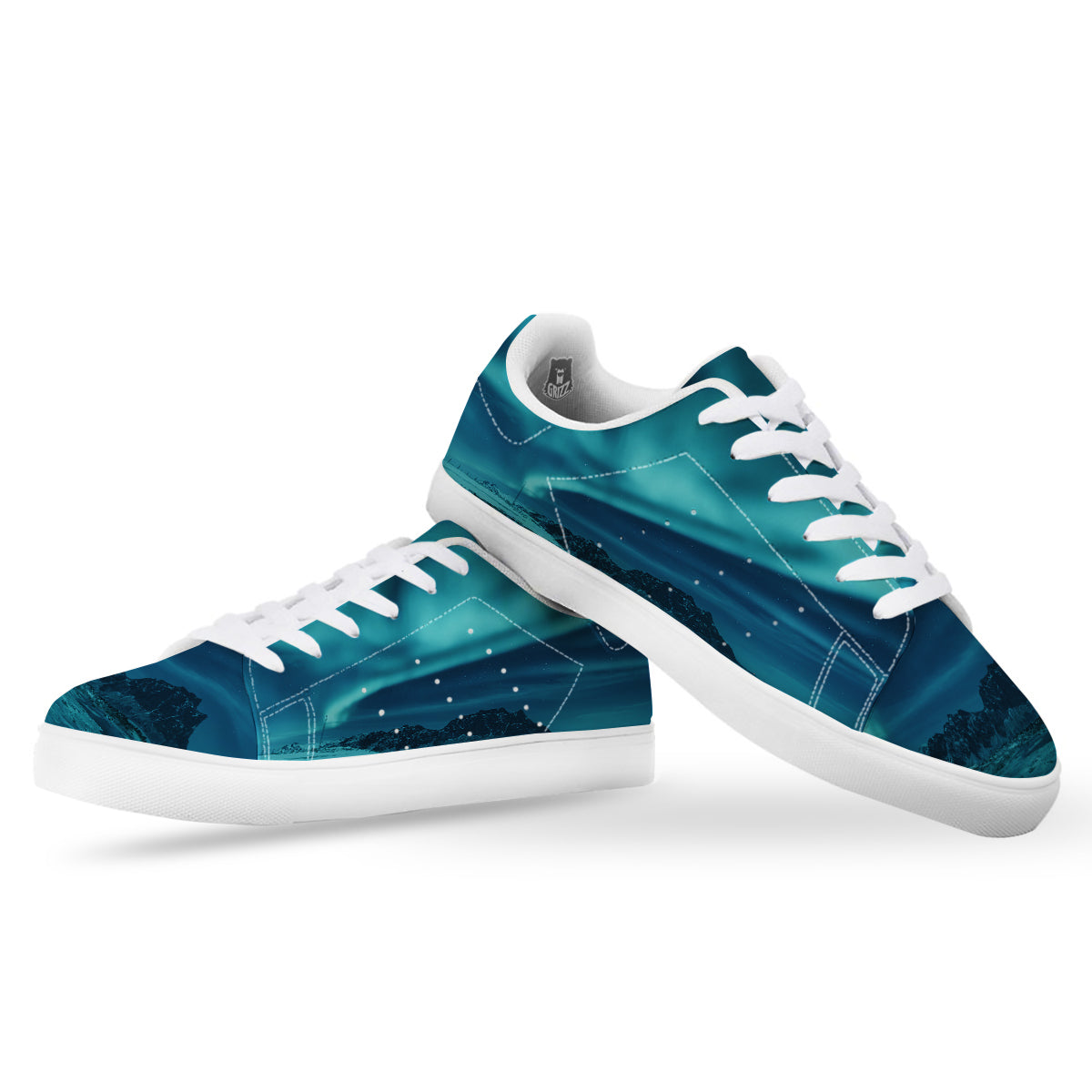 Blue Northern Lights And Mountain Print White Low Top Sneakers-grizzshop