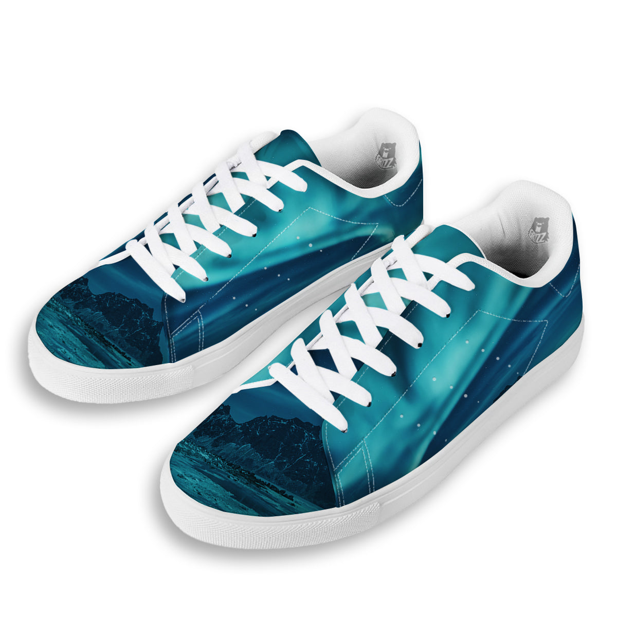 Blue Northern Lights And Mountain Print White Low Top Sneakers-grizzshop