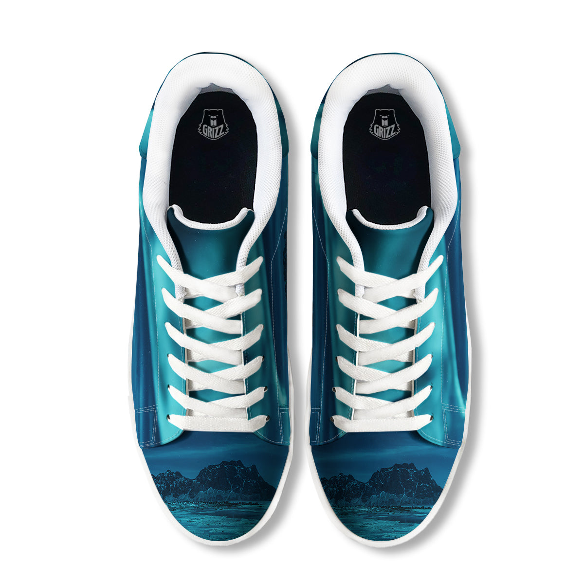 Blue Northern Lights And Mountain Print White Low Top Sneakers-grizzshop