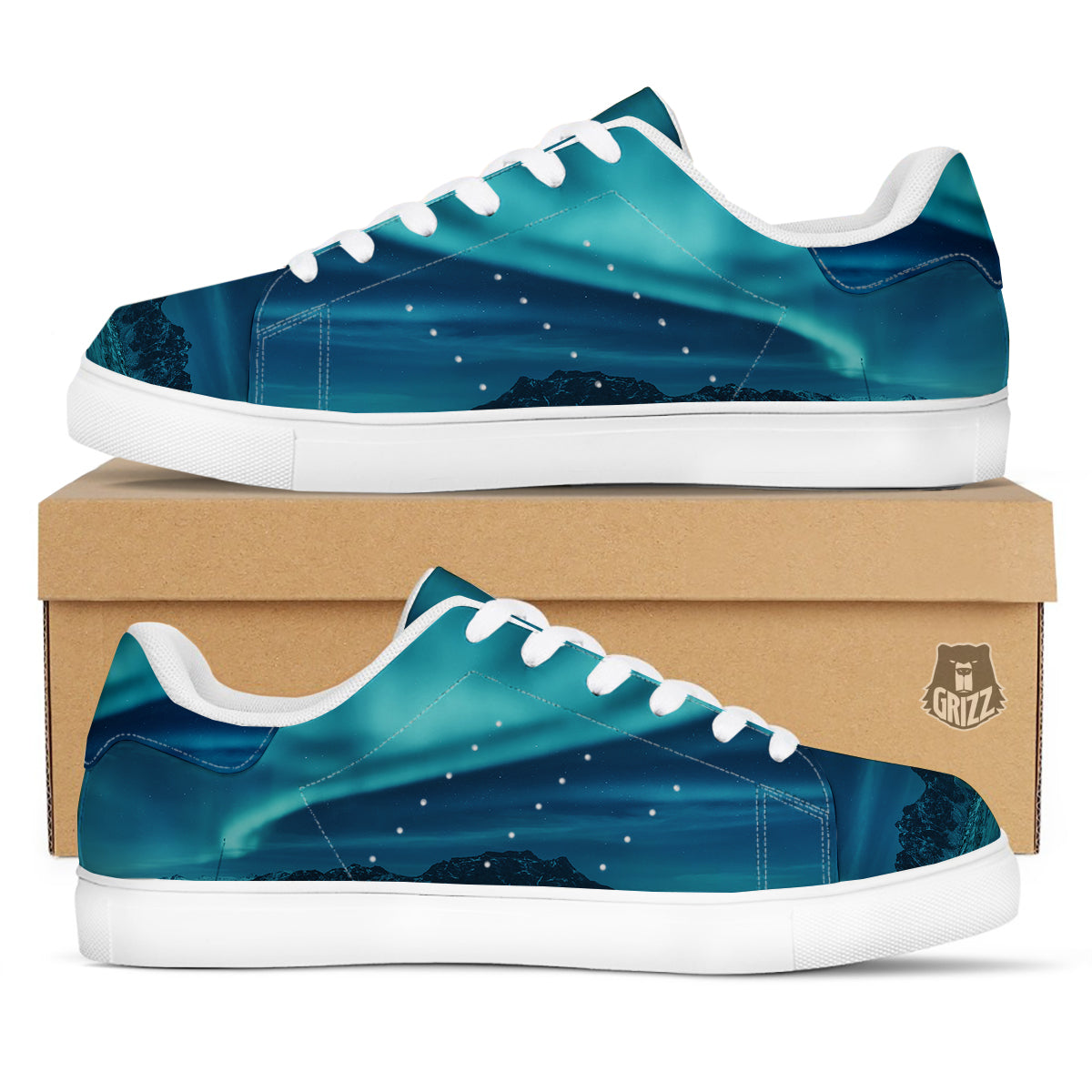 Blue Northern Lights And Mountain Print White Low Top Sneakers-grizzshop