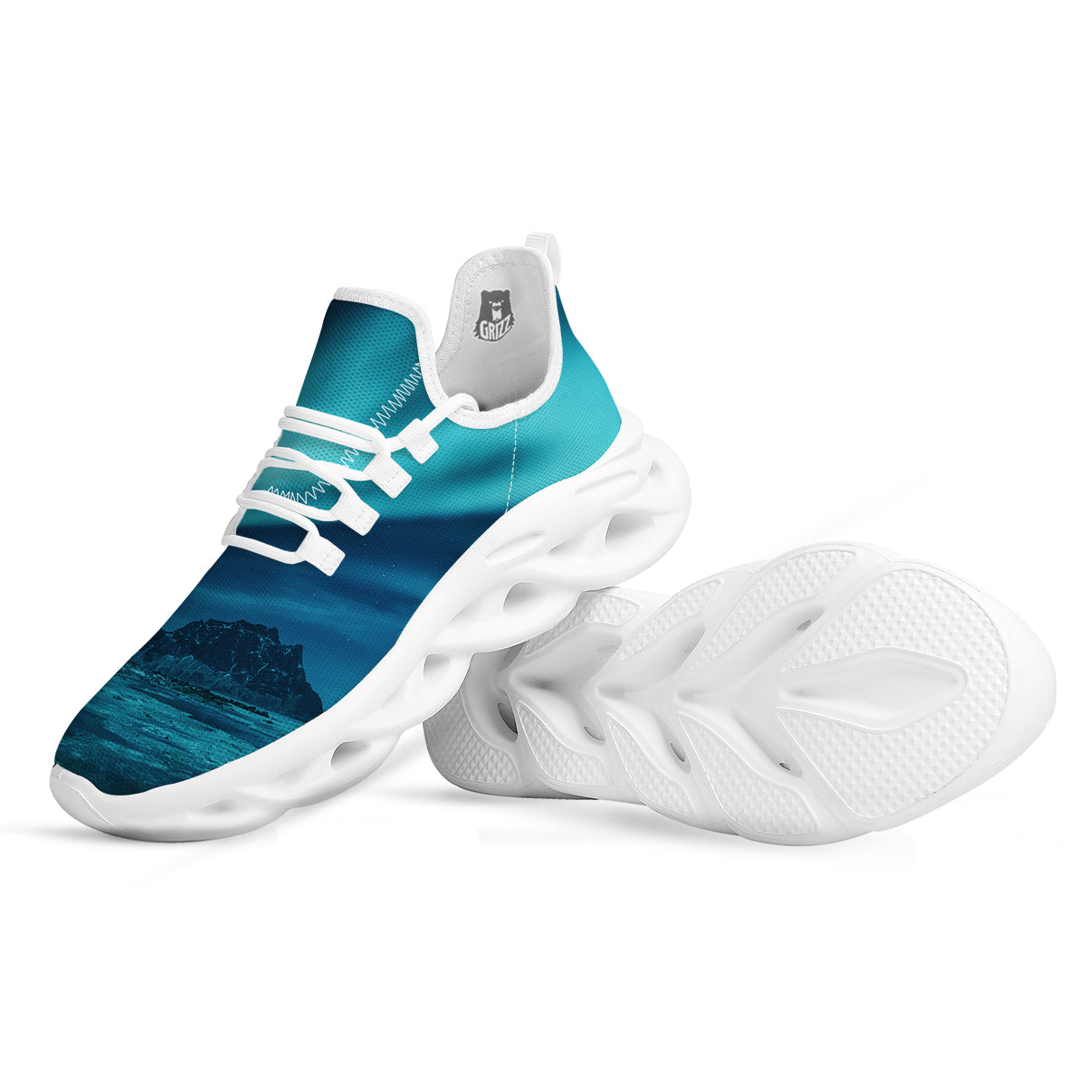 Blue Northern Lights And Mountain Print White Running Shoes-grizzshop