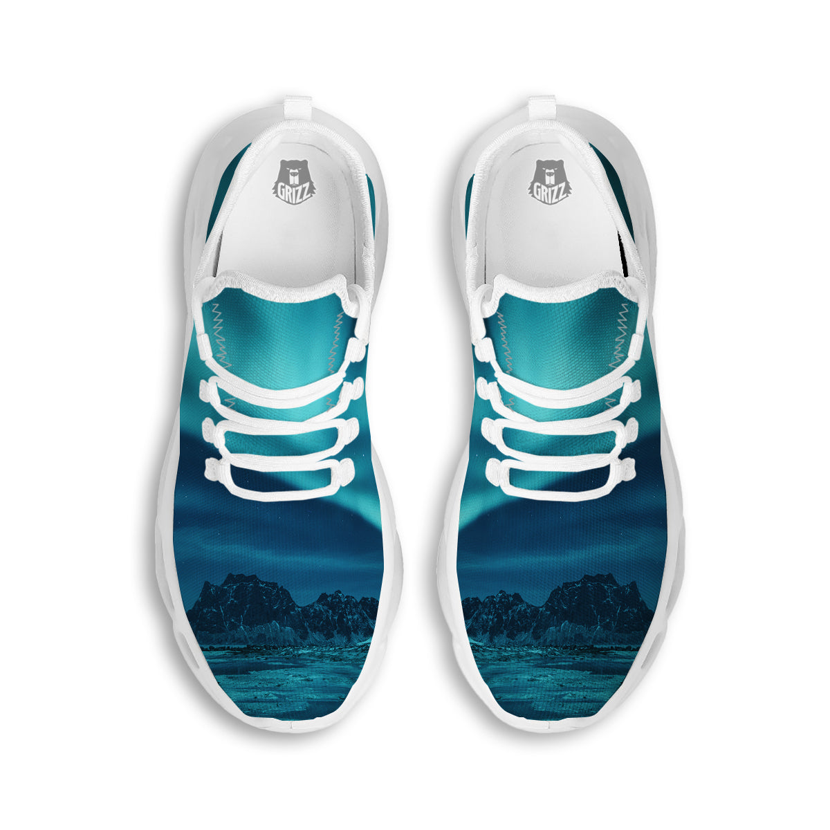 Blue Northern Lights And Mountain Print White Running Shoes-grizzshop