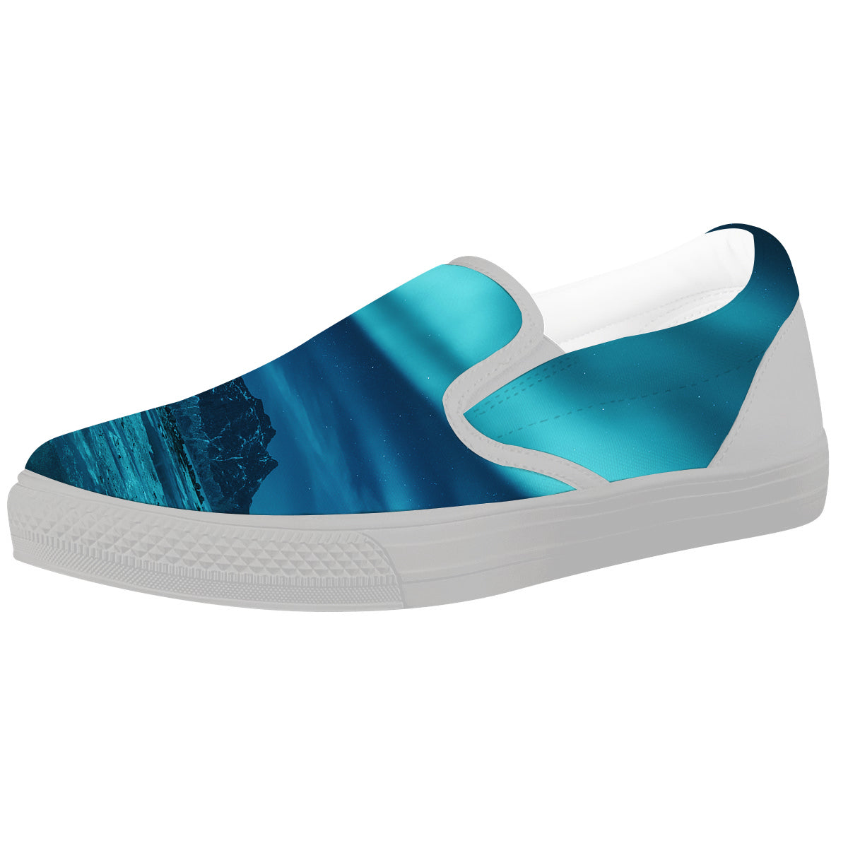 Blue Northern Lights And Mountain Print White Slip On Shoes-grizzshop