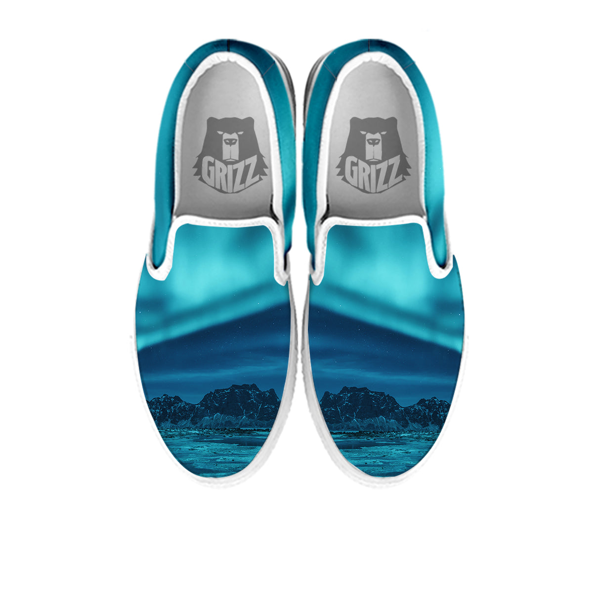 Blue Northern Lights And Mountain Print White Slip On Shoes-grizzshop