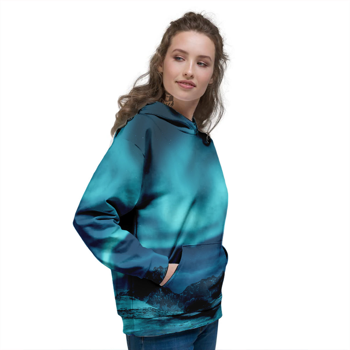Blue Northern Lights And Mountain Print Women's Hoodie-grizzshop