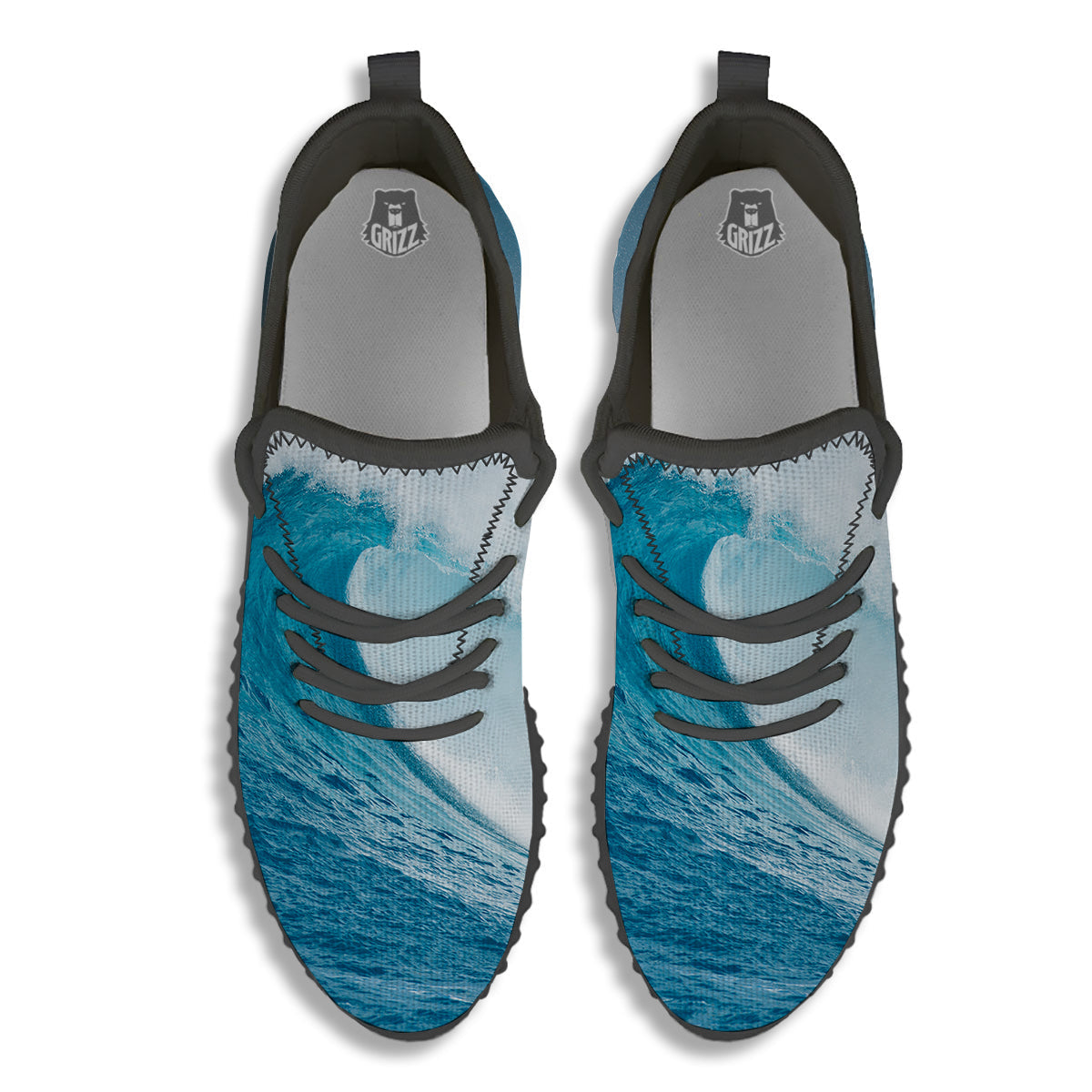 Blue Ocean Wave Print Black Walking Shoes-grizzshop