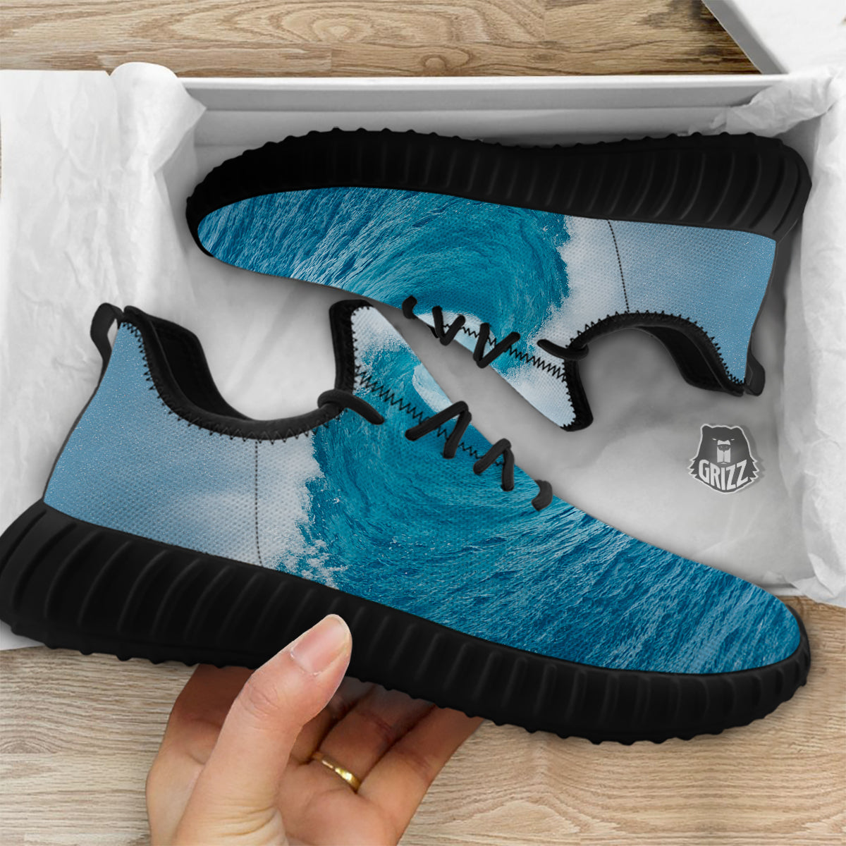 Blue Ocean Wave Print Black Walking Shoes-grizzshop