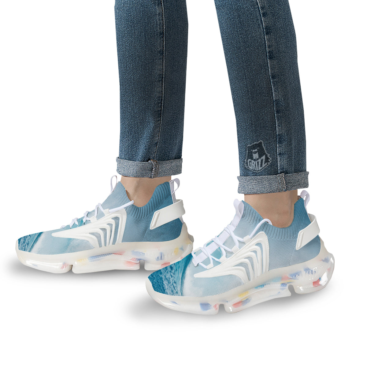 Blue Ocean Wave Print White Gym Shoes-grizzshop