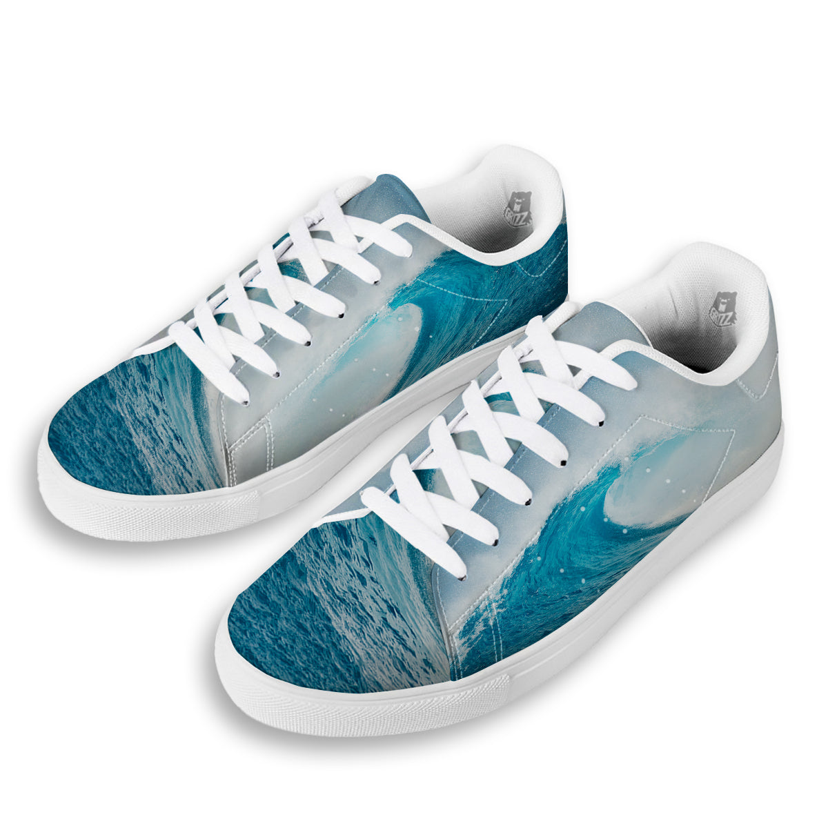 Blue Ocean Wave Print White Low Top Sneakers-grizzshop