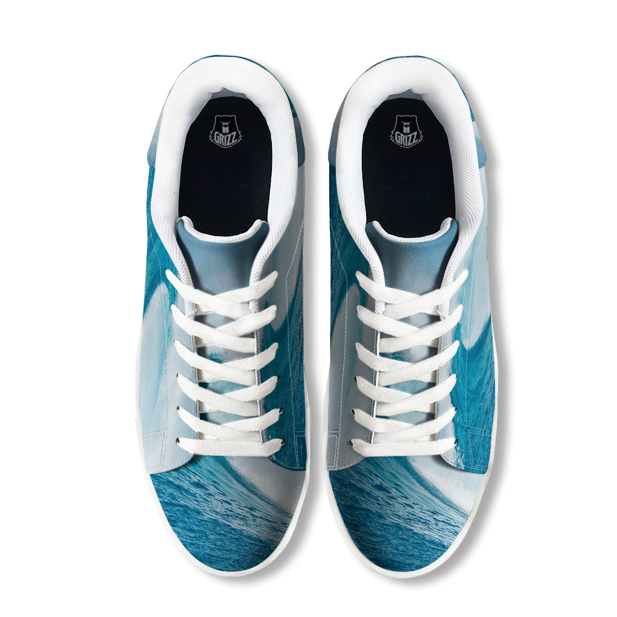 Blue Ocean Wave Print White Low Top Sneakers-grizzshop