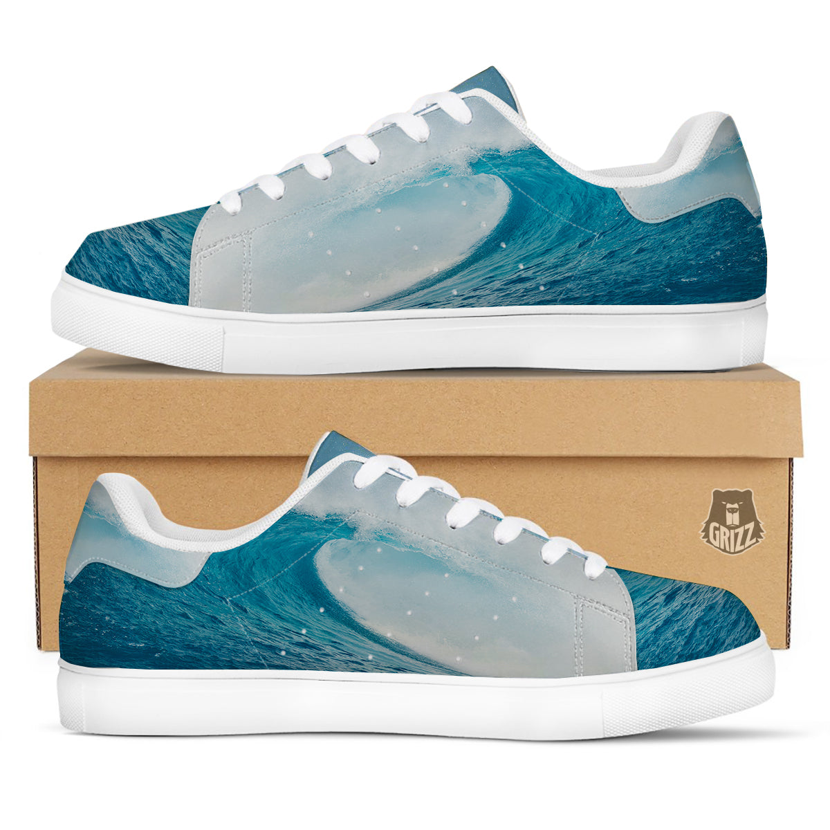 Blue Ocean Wave Print White Low Top Sneakers-grizzshop