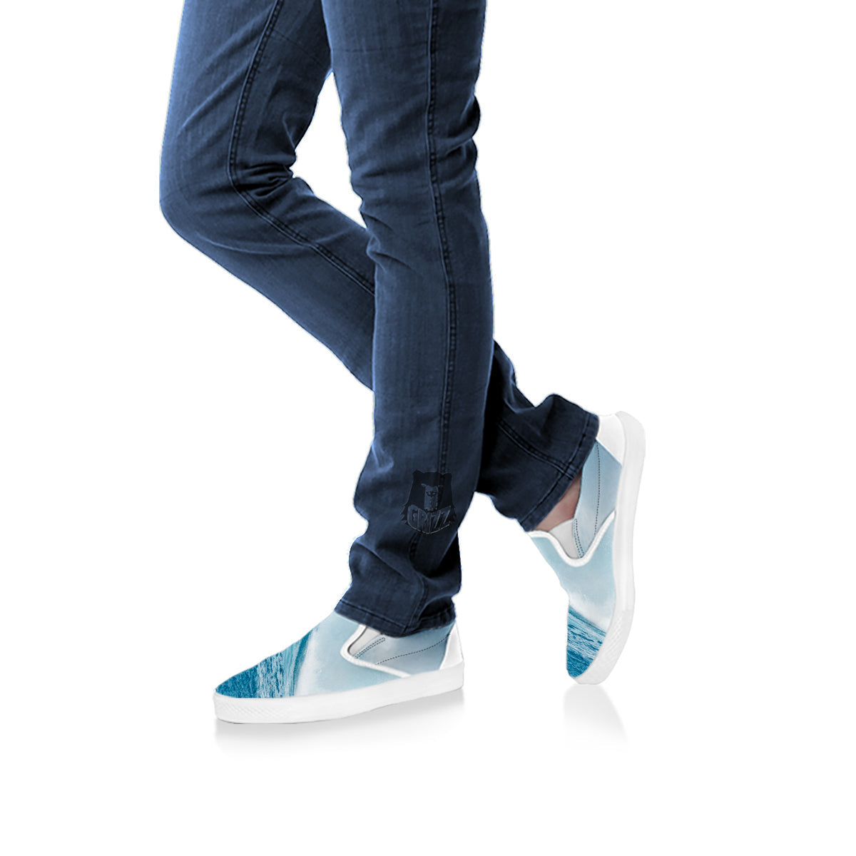 Blue Ocean Wave Print White Slip On Shoes-grizzshop