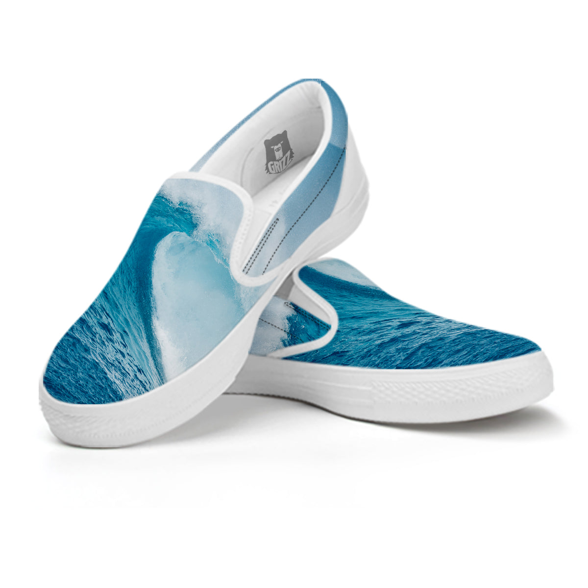 Blue Ocean Wave Print White Slip On Shoes-grizzshop