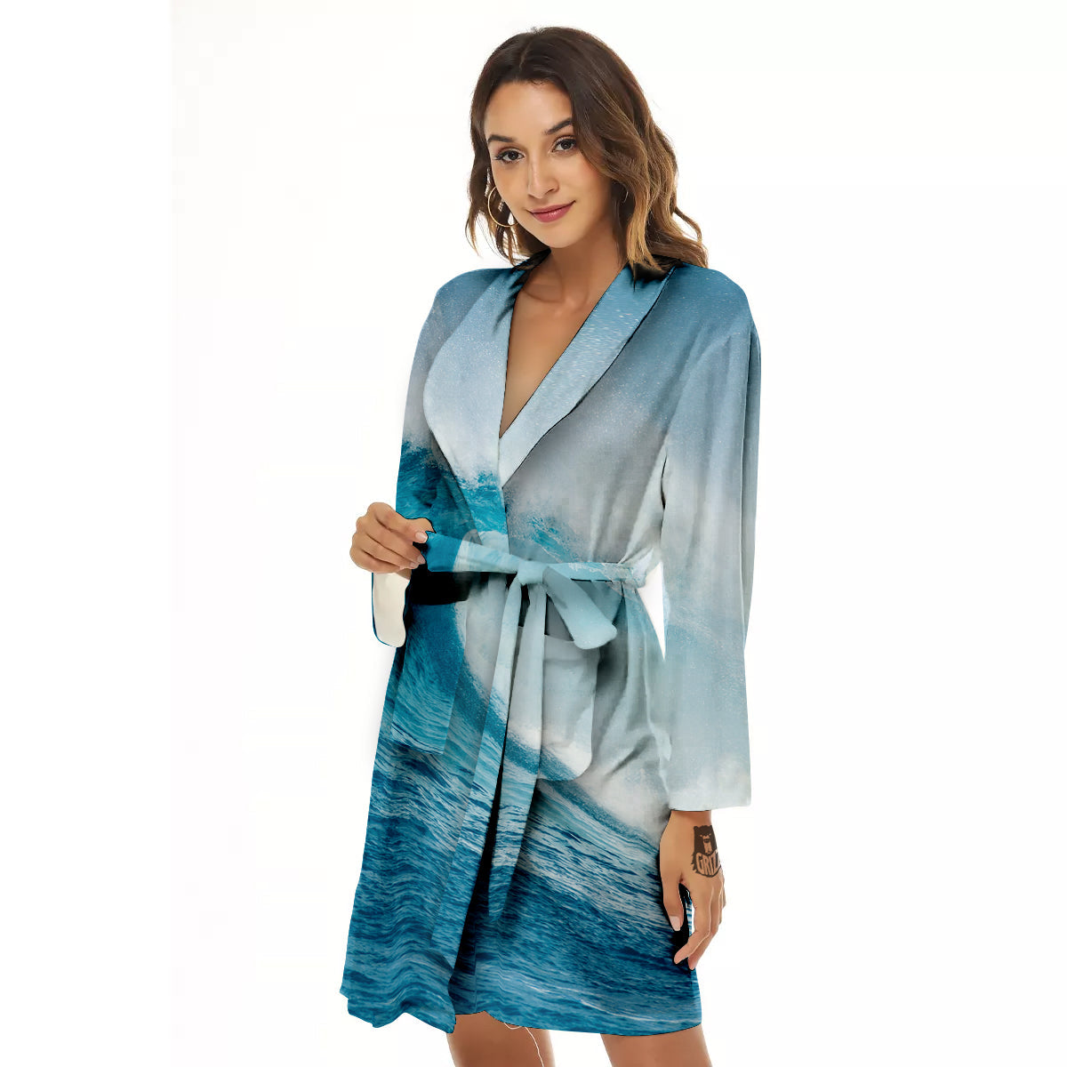 Blue Ocean Wave Print Women's Robe-grizzshop