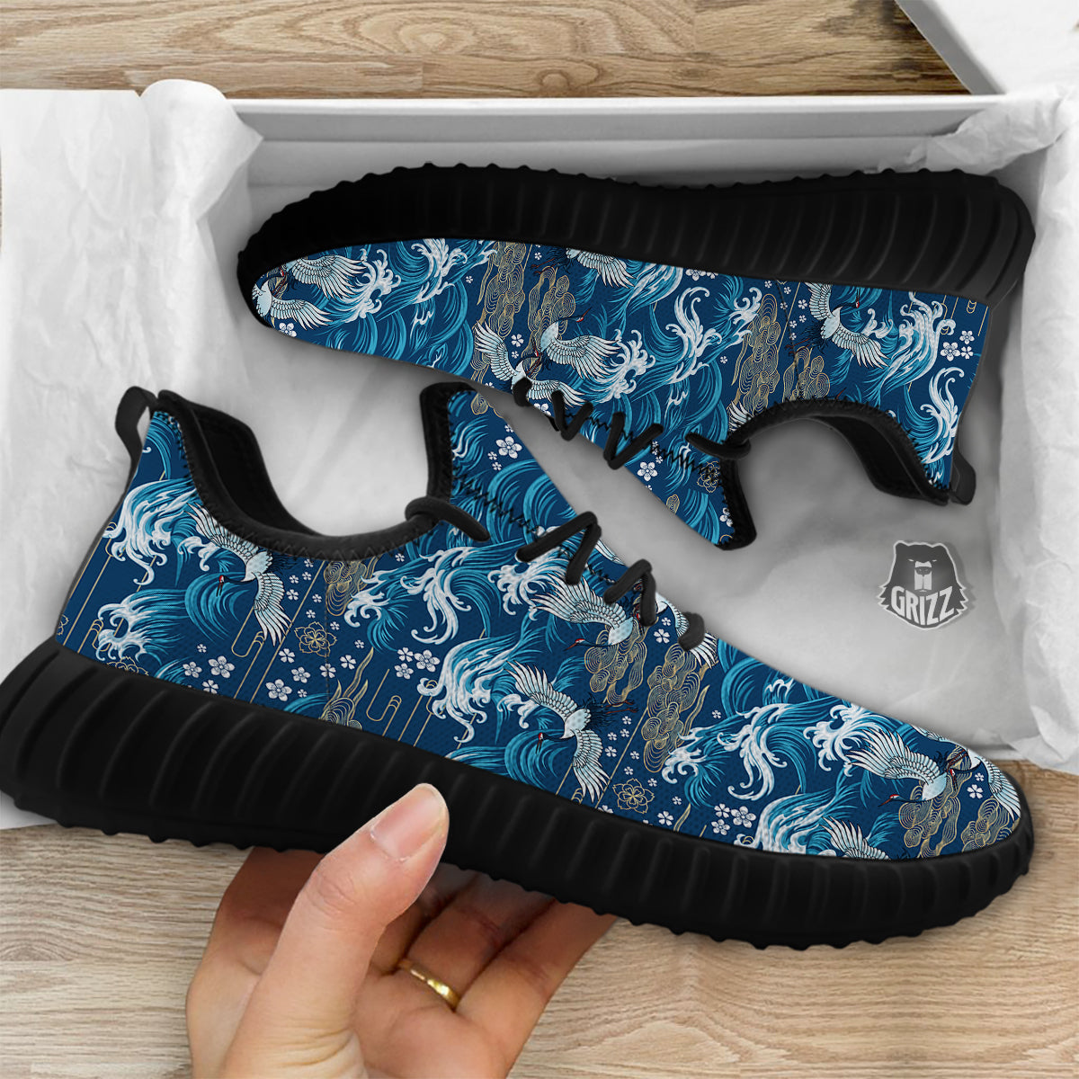 Blue Oriental Sea Print Pattern Black Walking Shoes-grizzshop