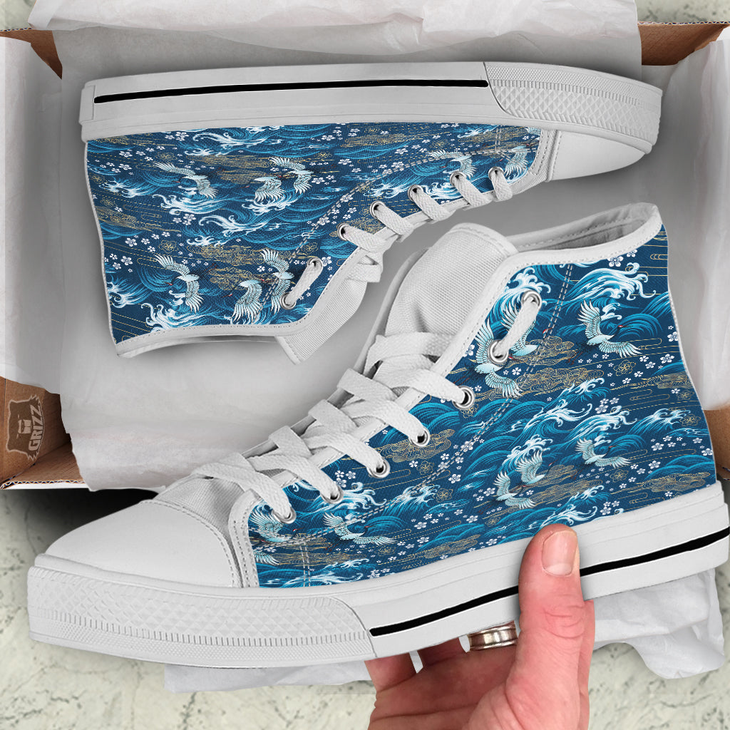 Blue Oriental Sea Print Pattern White High Top Shoes-grizzshop