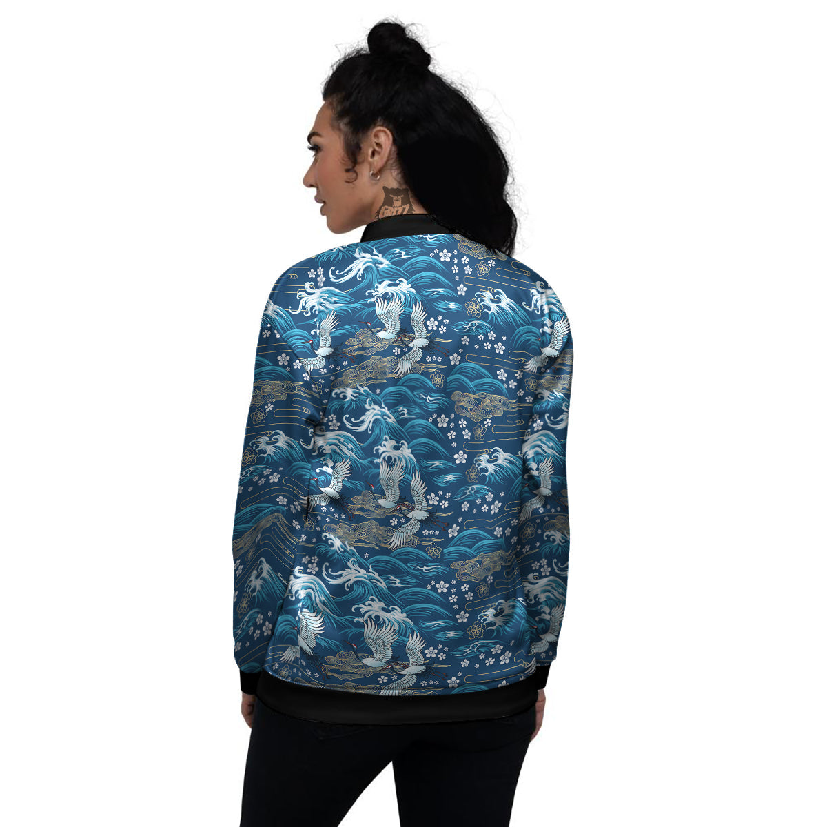 Blue Oriental Sea Print Pattern Women's Bomber Jacket-grizzshop