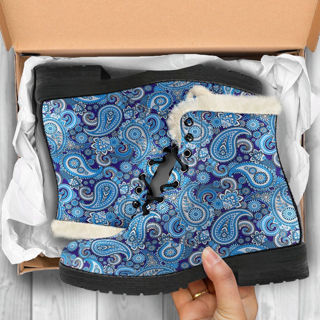 Blue Paisley Pattern Print Comfy Winter Boots-grizzshop