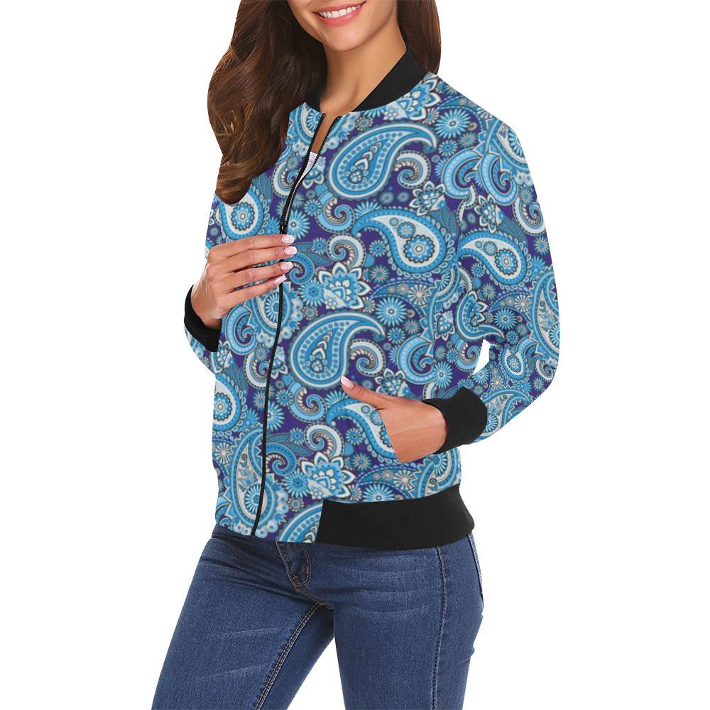 Blue Paisley Pattern Print Women Casual Bomber Jacket-grizzshop