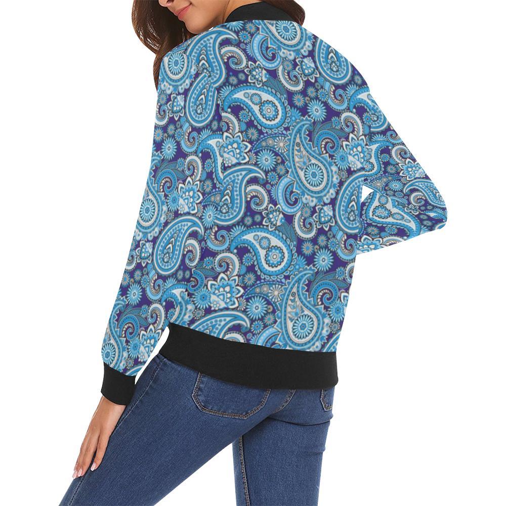 Blue Paisley Pattern Print Women Casual Bomber Jacket-grizzshop