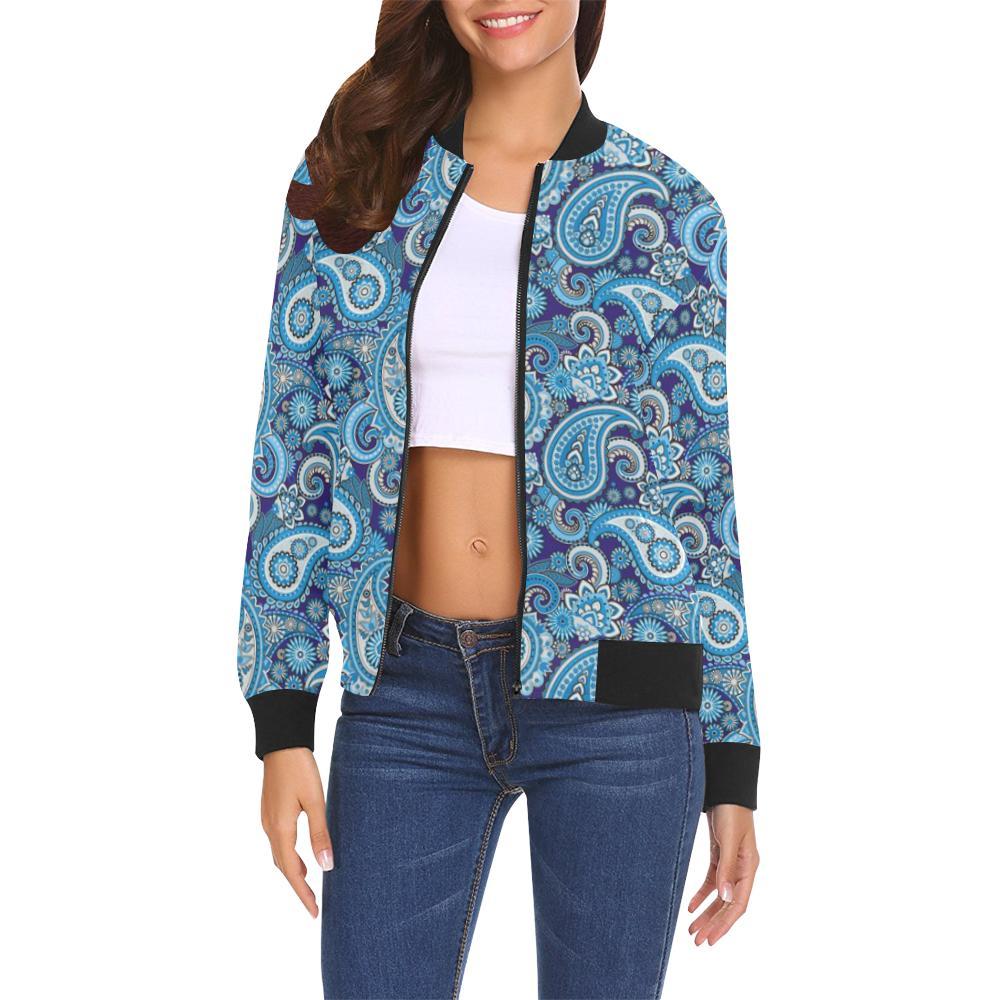 Blue Paisley Pattern Print Women Casual Bomber Jacket-grizzshop