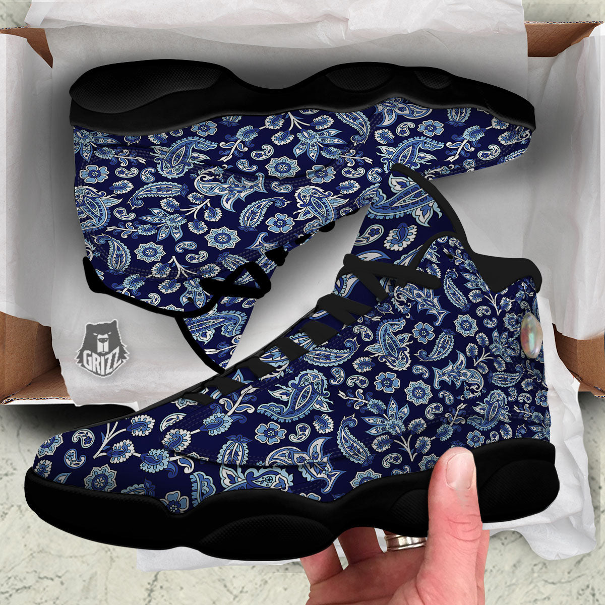 Blue Paisley Print Pattern Black Basketball Shoes-grizzshop