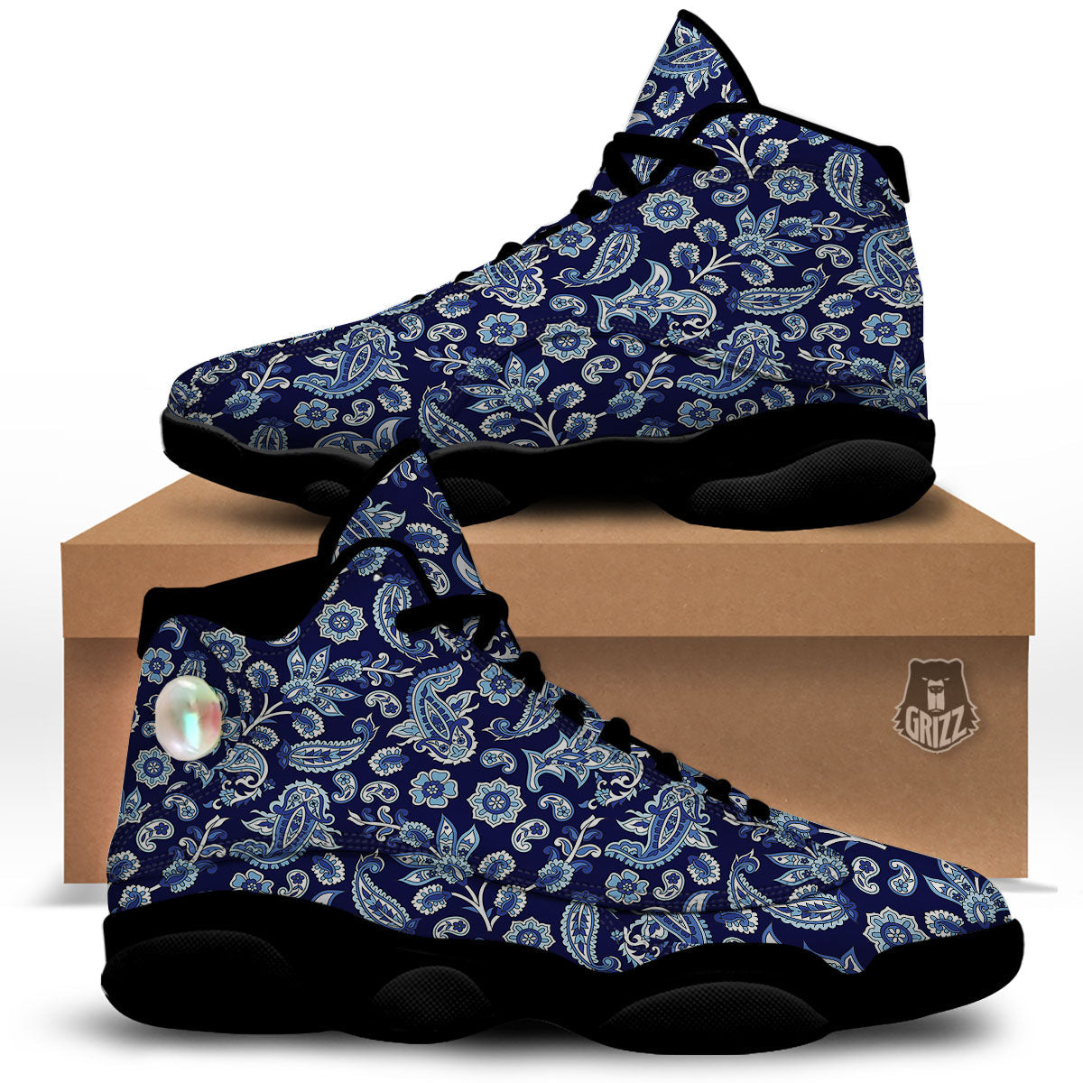 Blue Paisley Print Pattern Black Basketball Shoes-grizzshop