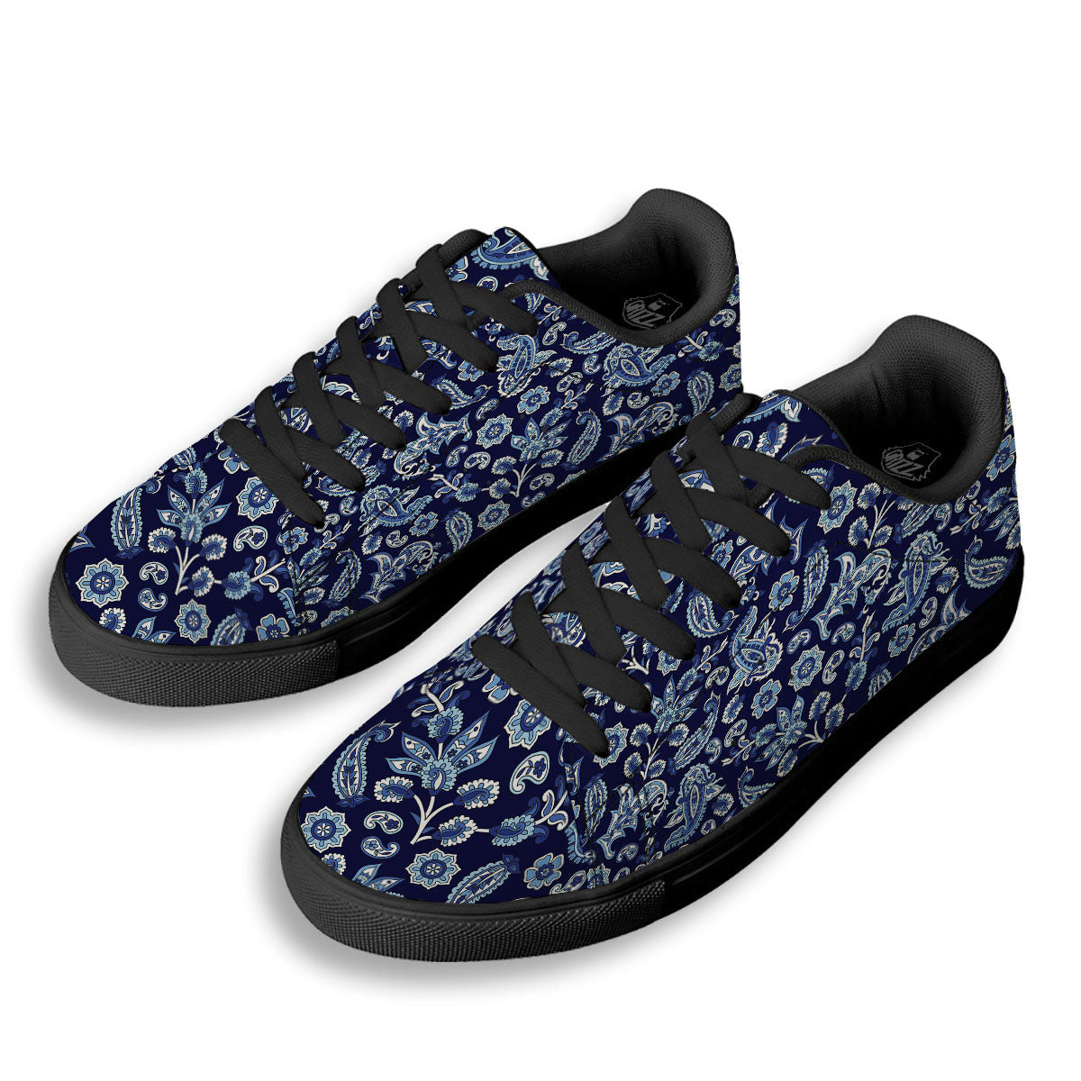 Blue Paisley Print Pattern Black Low Top Sneakers-grizzshop