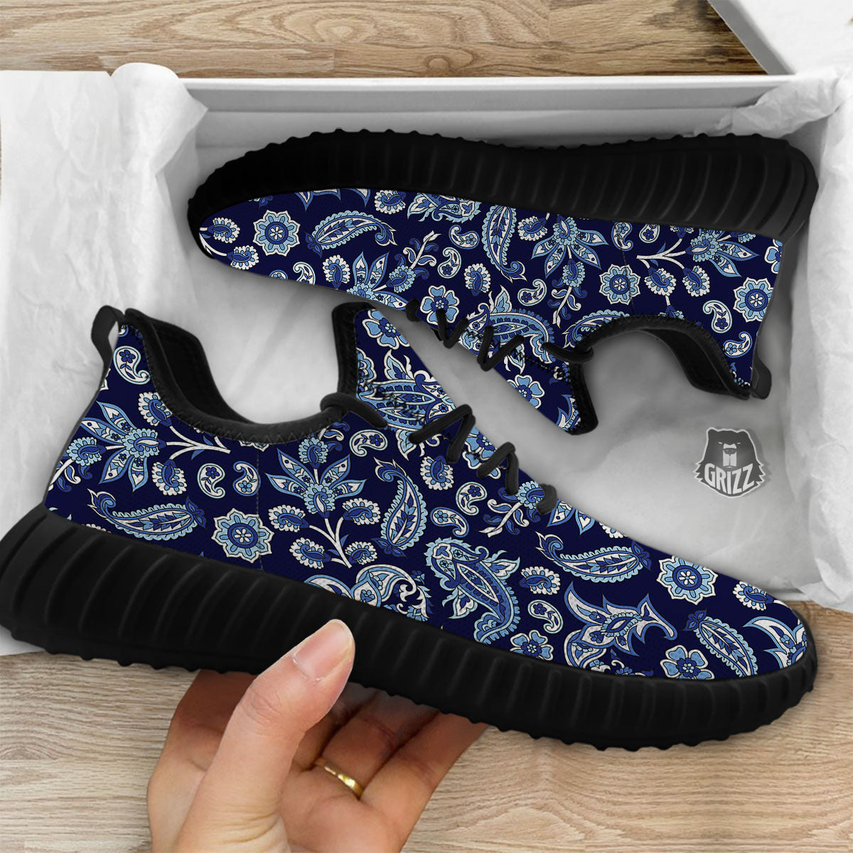 Blue Paisley Print Pattern Black Walking Shoes-grizzshop