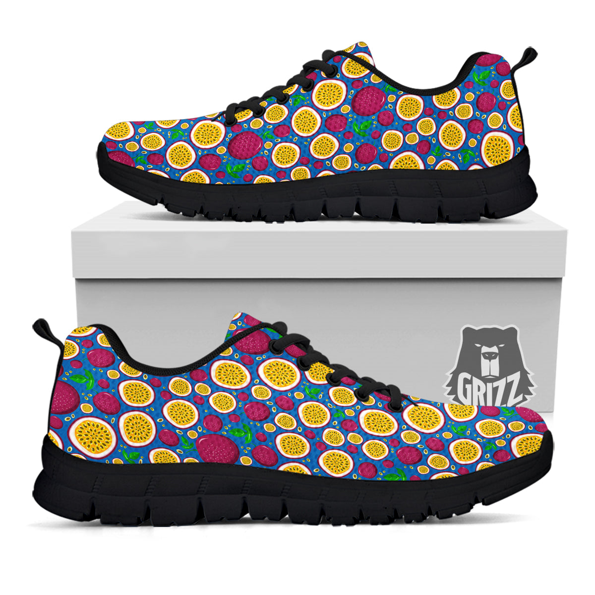 Blue Passion Fruit Print Pattern Black Sneaker-grizzshop