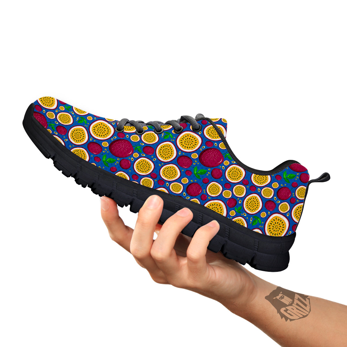 Blue Passion Fruit Print Pattern Black Sneaker-grizzshop