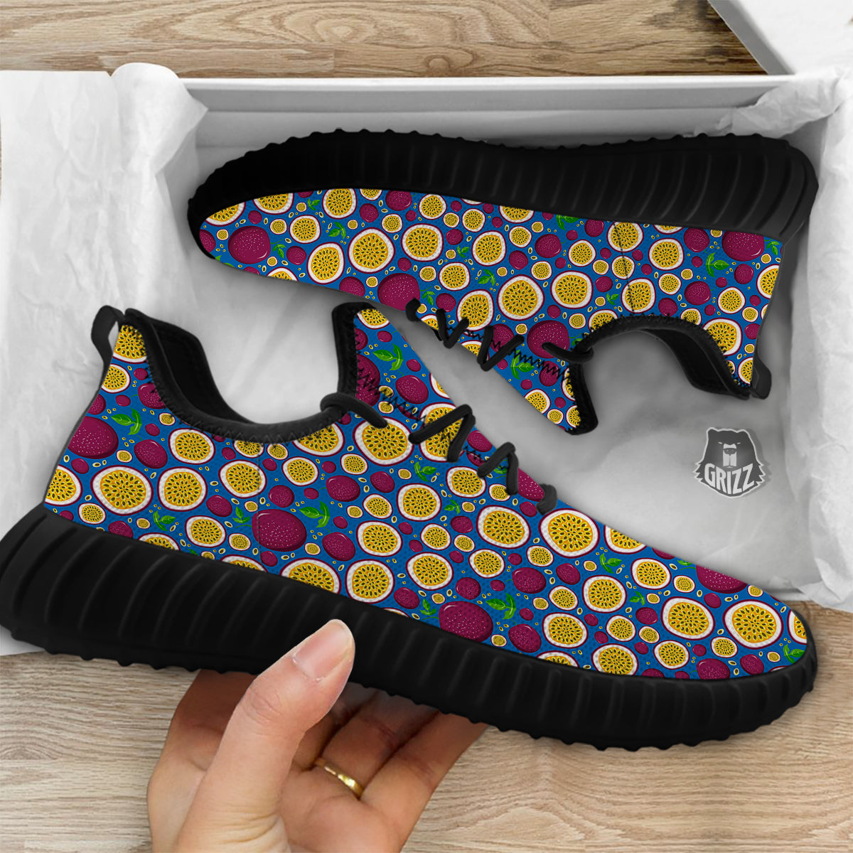 Blue Passion Fruit Print Pattern Black Walking Shoes-grizzshop