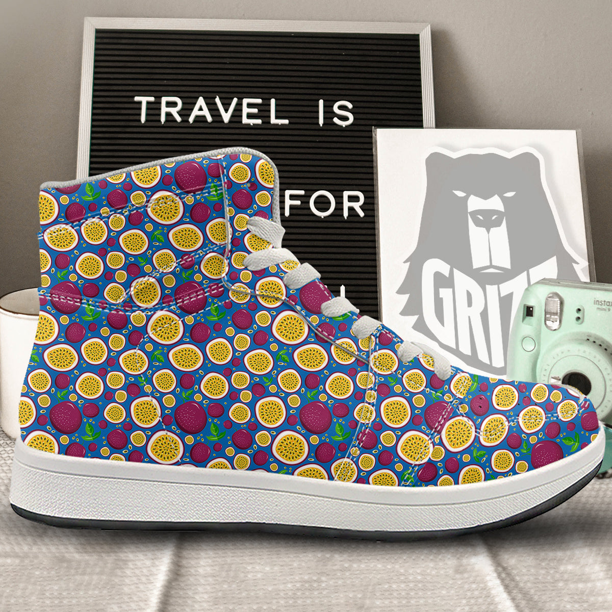 Blue Passion Fruit Print Pattern High Top Sneakers-grizzshop