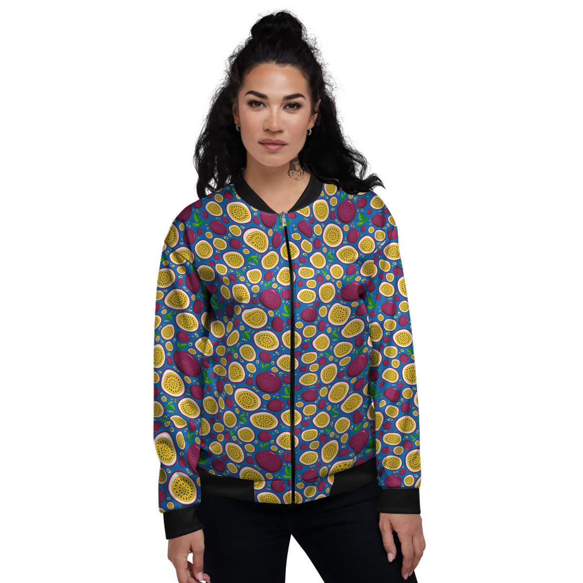 Blue Passion Fruit Print Pattern Women's Bomber Jacket-grizzshop